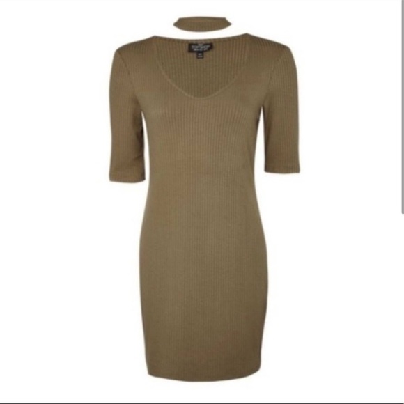 TOPSHOP Olive Green Ribbed Choker Mini Dress - Picture 2 of 5